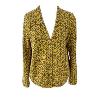 OCHIRLY V Neck Button Front Cardigan Yellow Grey Abstract Floral Fan Pattern